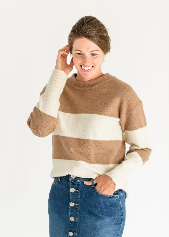 Urban Knit TopsLyra Camel Bold Stripe Crewneck Sweater