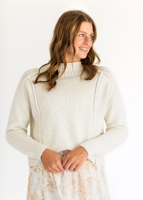 Oversized Knit TopsMockneck Seamed Ivory Sweater