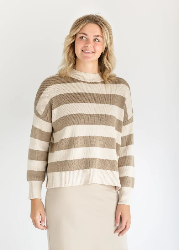 Beaded Knit TopsNella Taupe Bold Stripe Knit Sweater