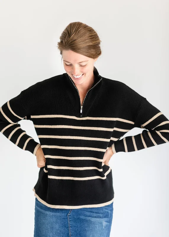 Cultural Knit TopsNova Taupe Striped Black Quarter Zip Sweater