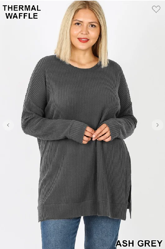 Yoga Knit TopsSide-Slit Round Neck Brushed Thermal Waffle Sweater - 4 Colors