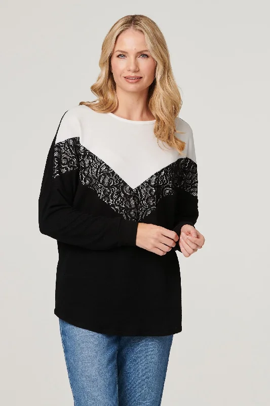 Tasseled Knit TopsColour Block Lace Sweater