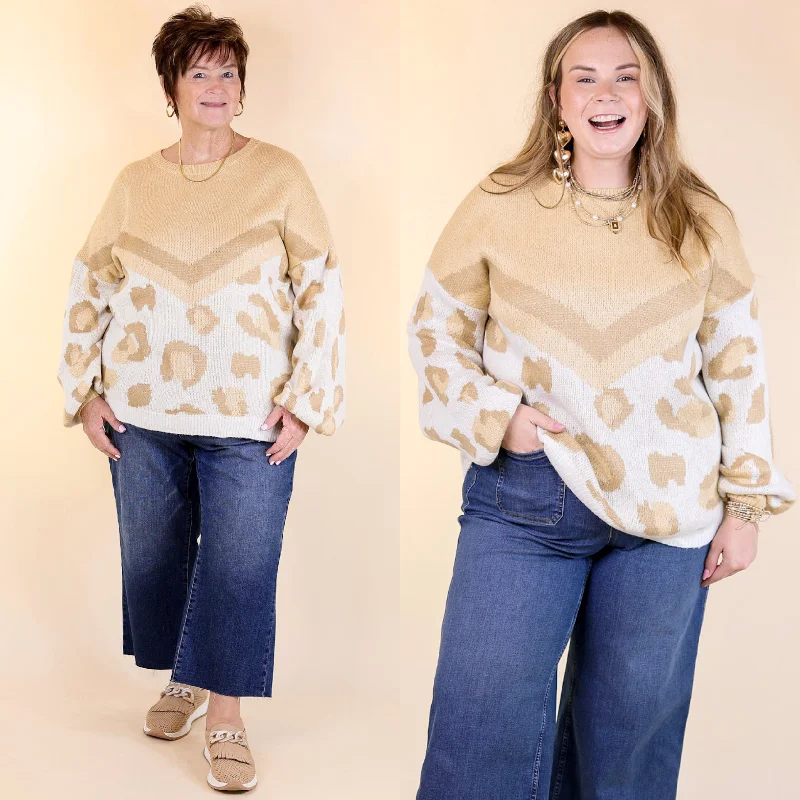 Yoga Knit TopsThankful Thoughts Leopard Print and Chevron Print Block Sweater in Beige