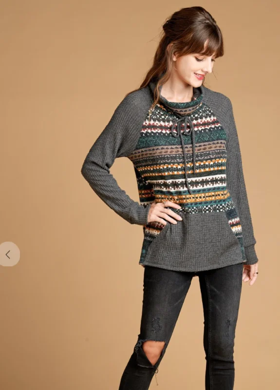 Glitter Knit TopsTribal Print Contrast Waffle Sweater