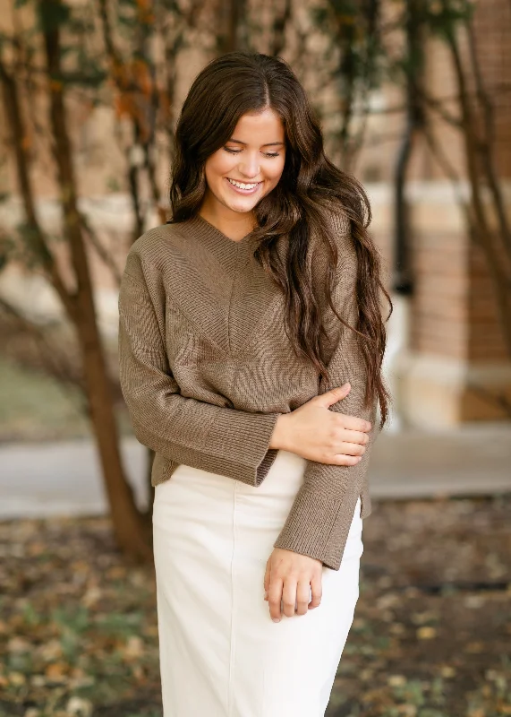 Ribbed Cuff Knit TopsV-neck Light Brown Long Sleeve Sweater