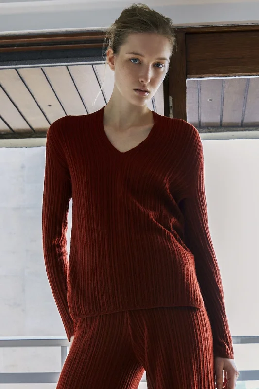 Fleece Knit TopsVARIATED RIB V-NECK SWEATER