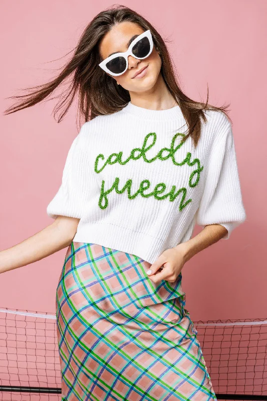 White Caddy Queen Glitter Script Sweater