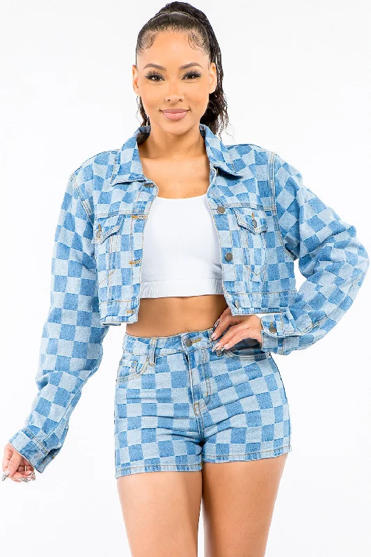 Hunting JacketsAmerican Bazi Checkered Long Sleeve Cropped Denim Jacket