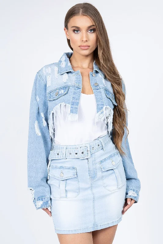 Lounge JacketsAmerican Bazi Distressed Denim Jacket with Frayed Hem