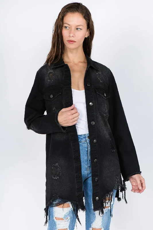 Waterproof JacketsAmerican Bazi Distressed Frayed Hem Denim Jacket