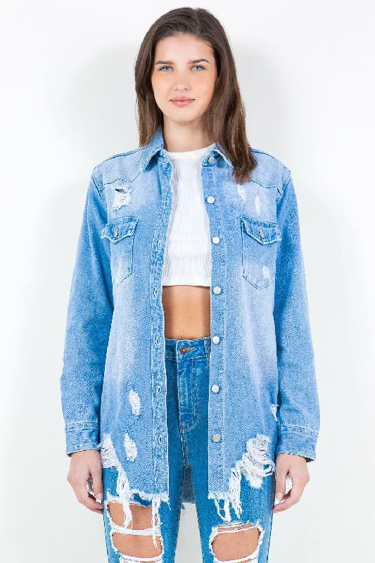 Rainproof JacketsAmerican Bazi Frayed Hem Distressed Denim Shirt Jacket