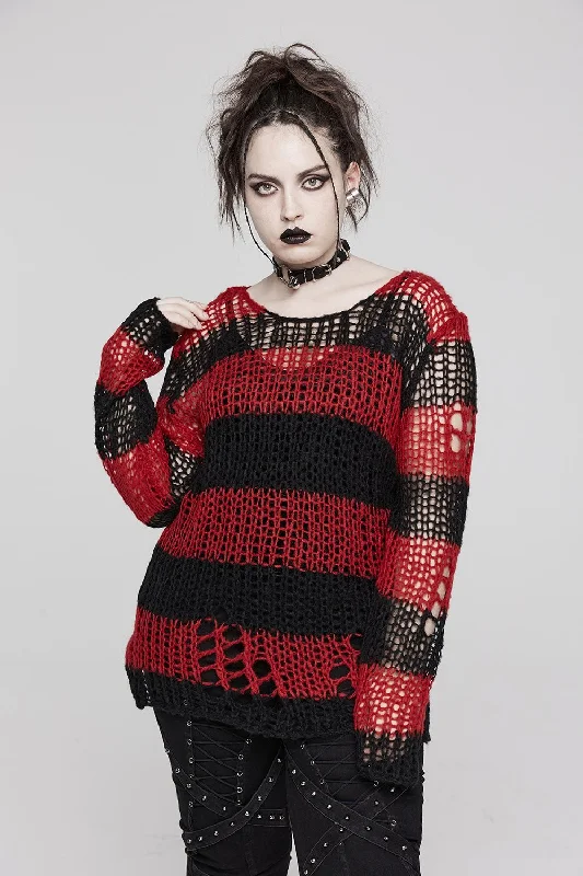 Fringed Knit TopsBlood Pact Striped Sweater [RED/BLACK]