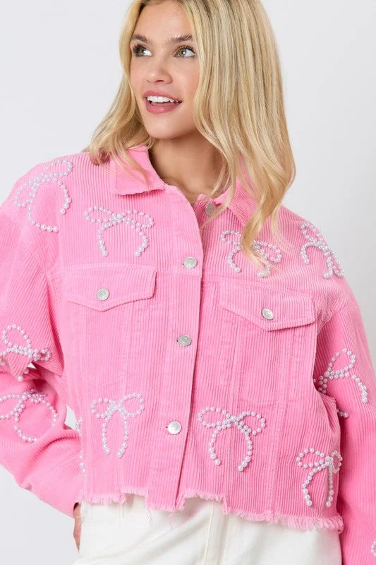 Fishing JacketsBow Embellished Pink Corduroy Jacket