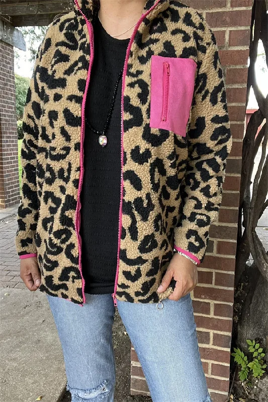 Nylon JacketsBQ15489 Black/beige leopard w/front pockets&fuchsia zipper long sleeve women coats/jackets wholesale