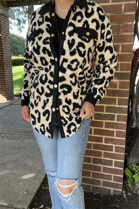 Cotton JacketsBQ15490 Black/beige leopard w/front pockets&buttons long sleeve women coats/jackets wholesale