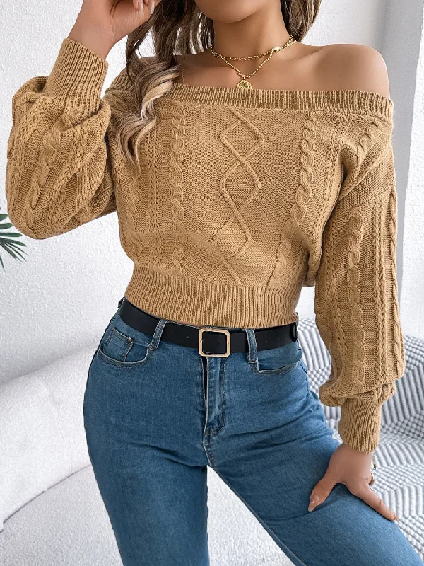 Glitter Knit TopsCable Knit Off-Shoulder Long Sleeve Sweater