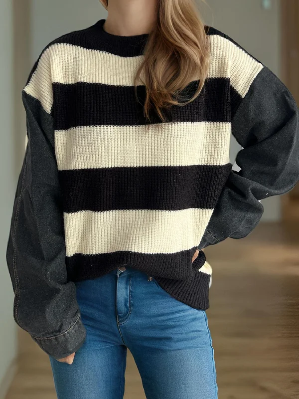 Statement Knit TopsContrast Round Neck Long Sleeve Sweater