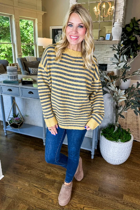 Crewneck Knit TopsCozy Knit Grey & Mustard Yellow Striped Sweater