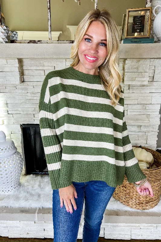 Pocketed Knit TopsCream Stripe Ribbed Sleeve Knit Sweater in Olive