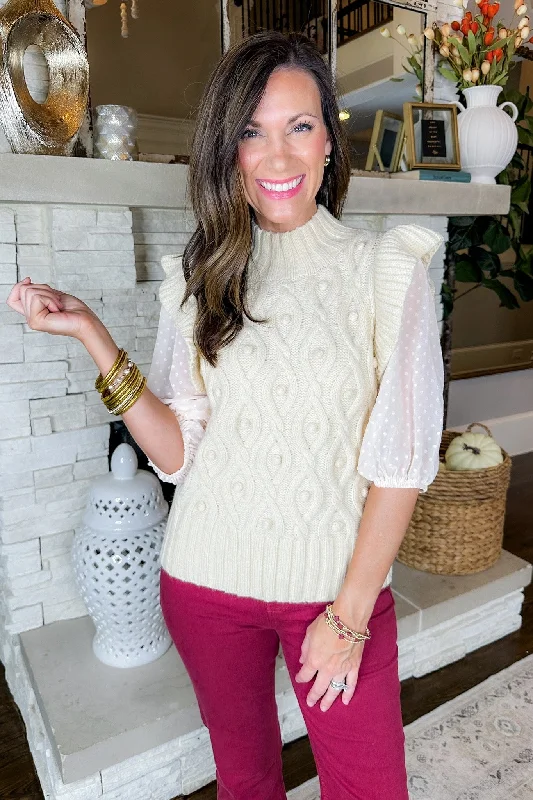 Embellished Knit TopsCream Swiss Dot Cable Knit Sweater Sheer Sleeve Top