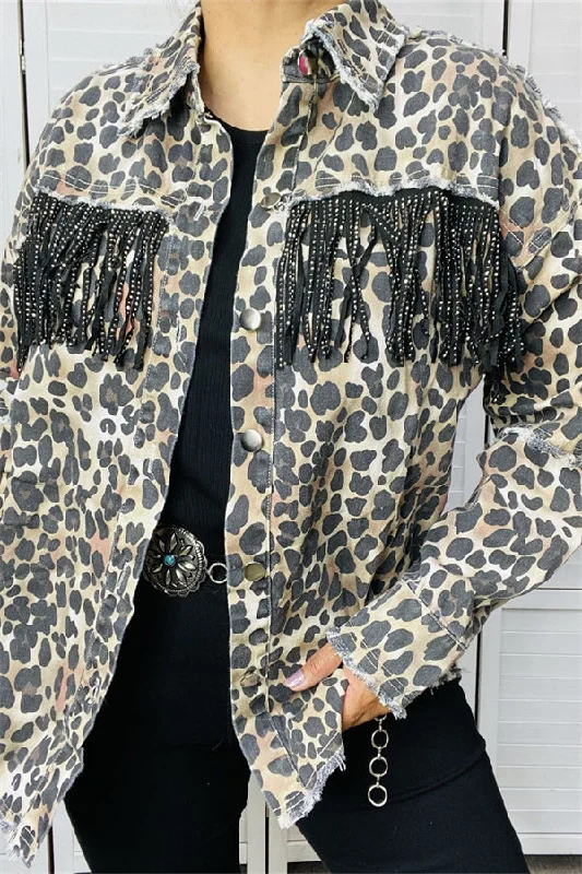 Limited Edition JacketsDLH13755 Leopard print rhinestone black tassel/fringe denim women coat/jacket