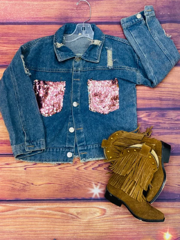 Skateboard JacketsDLH2552 Blue denim girls jacket with sequin pocket