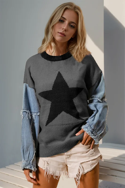 Yoga Knit TopsDouble Take Full Size Star Pattern Raw Edge Long Sleeve Sweater