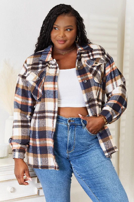 Waterproof JacketsDouble Take Plaid Button Front Shirt Jacket with Breast Pockets