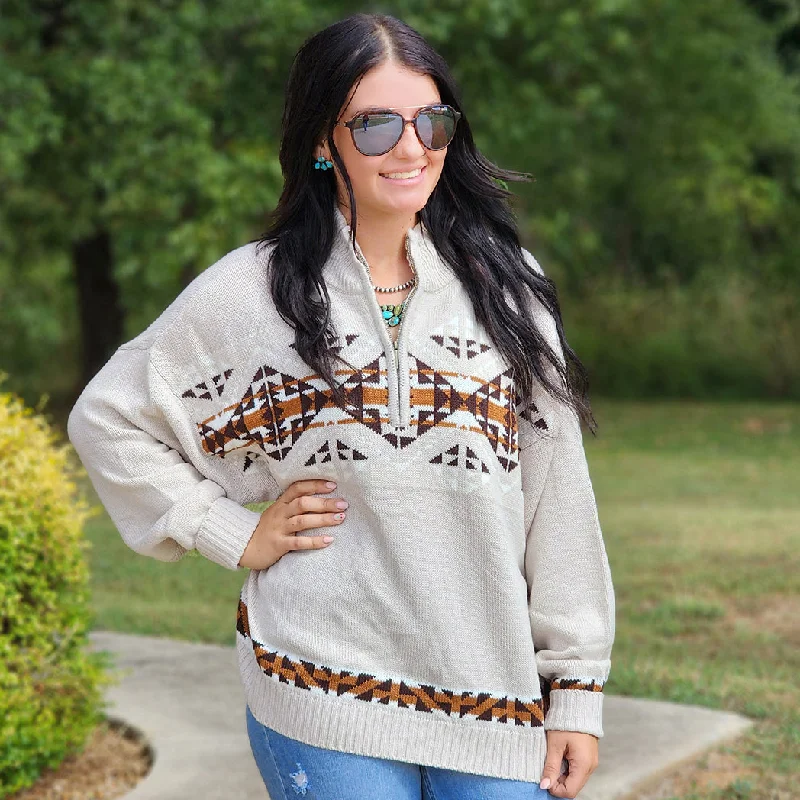 Asymmetrical Knit TopsTan Aztec 1/4 Zip Sweater