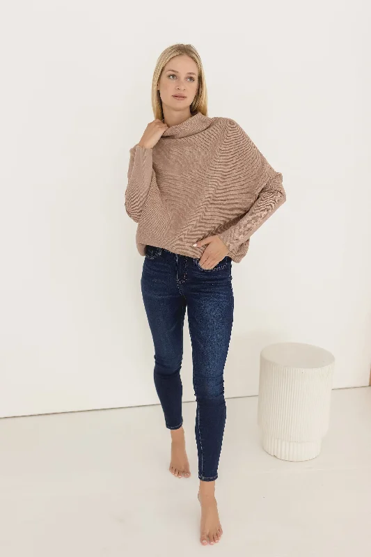 Fitted Knit TopsGwen Long Sleeve Slouched Funnel Neck Sweater Mocha