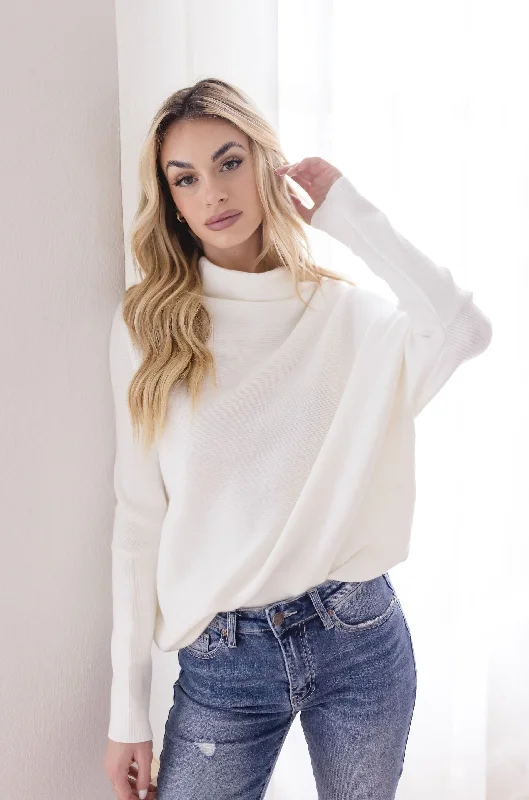 Scoop Neck Knit TopsGwen Long Sleeve Slouched Funnel Neck Sweater White