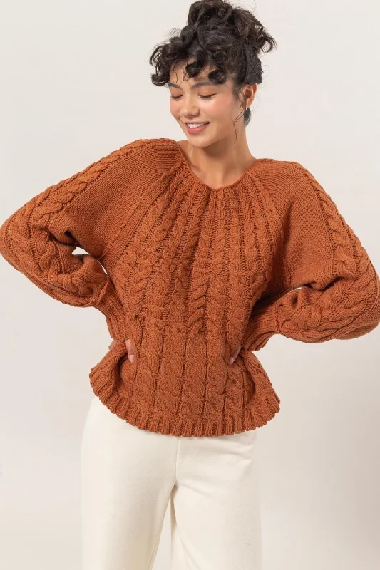 Cashmere Knit TopsHYFVE Cable-Knit Round Neck Raglan Sleeve Sweater