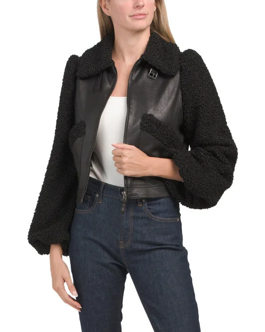 Suede JacketsMAX STUDIO LONDON Faux Leather Jacket With Faux Fur Sleeves And Collar