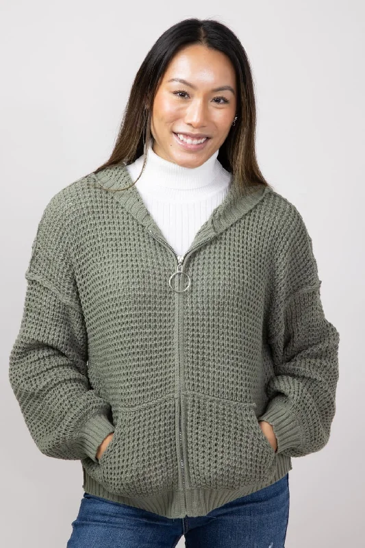 Hemp Knit TopsMiracle Textured Hooded Zip Sweater for Women in Sage | 7411-SAGE