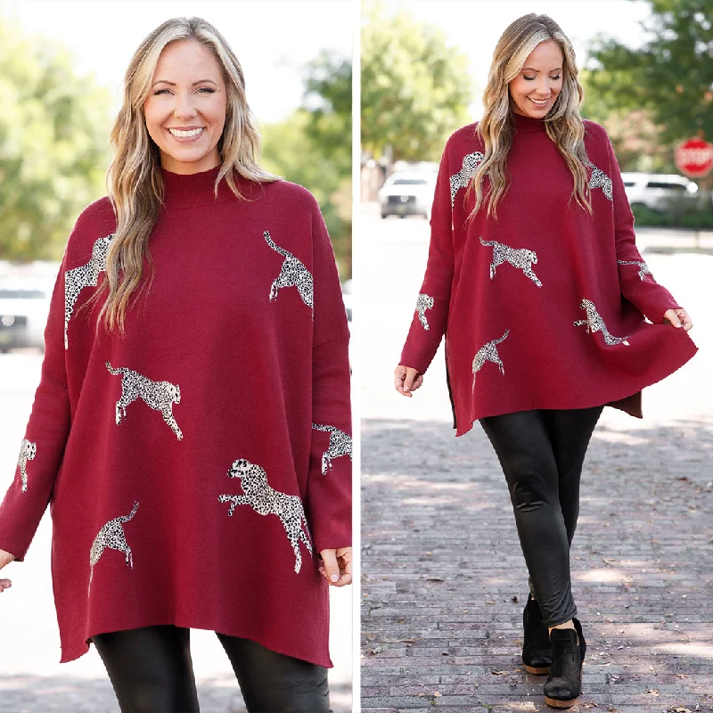 Fleece Knit TopsMother Of The Jungle Sweater, Burgundy