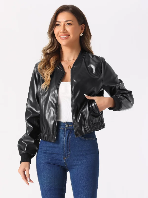 Quilted JacketsPU Faux Leather Zip Up Cropped Moto Biker Bomber Jacket