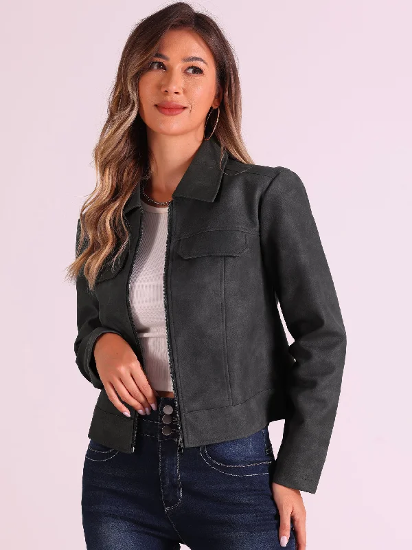 Polyester JacketsCollar Faux Leather Zip Up Long Sleeve Casual Cropped Jacket