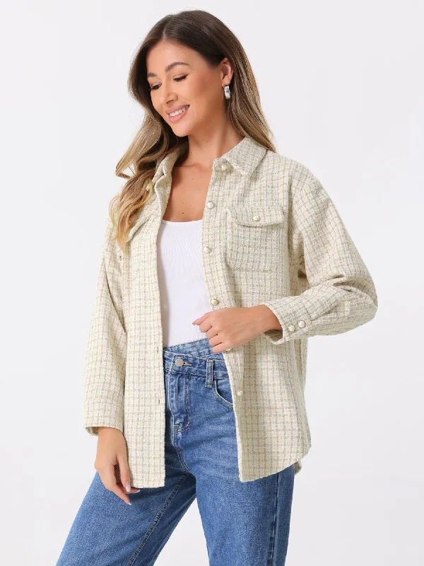 Hooded JacketsTweed Plaid Long Sleeves Loose Fit Shirt Jacket Shacket