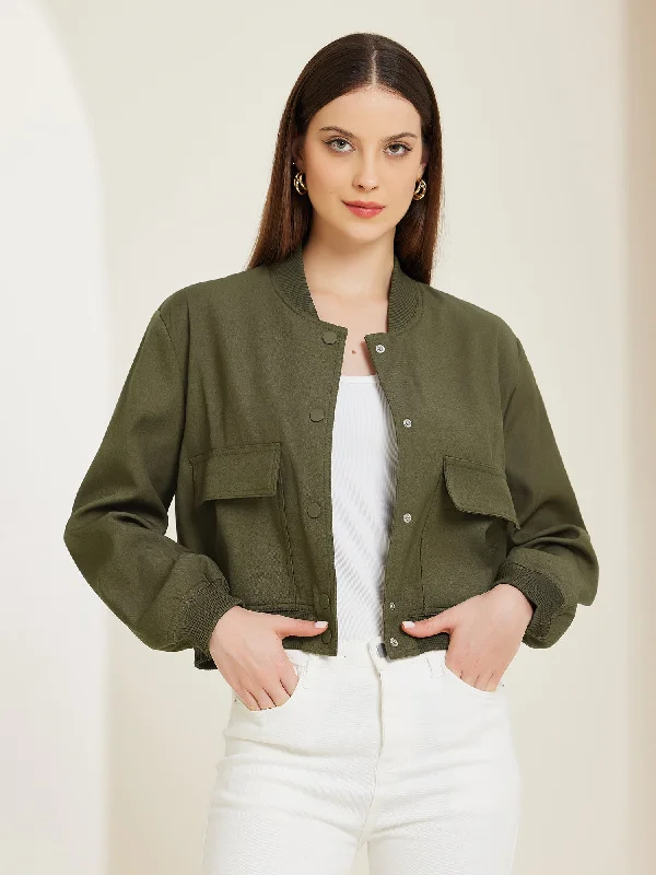 Luxury JacketsButton Down Stand Collar Long Sleeve Cropped Bomber Jacket