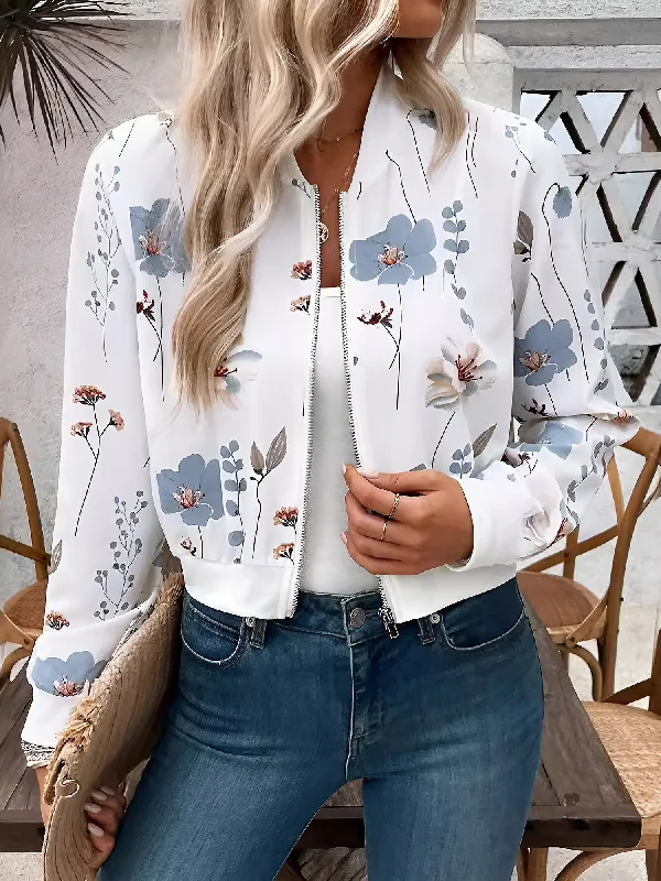 Statement JacketsLong Sleeves Floral Zipper Front Cropped Bomber Jacket