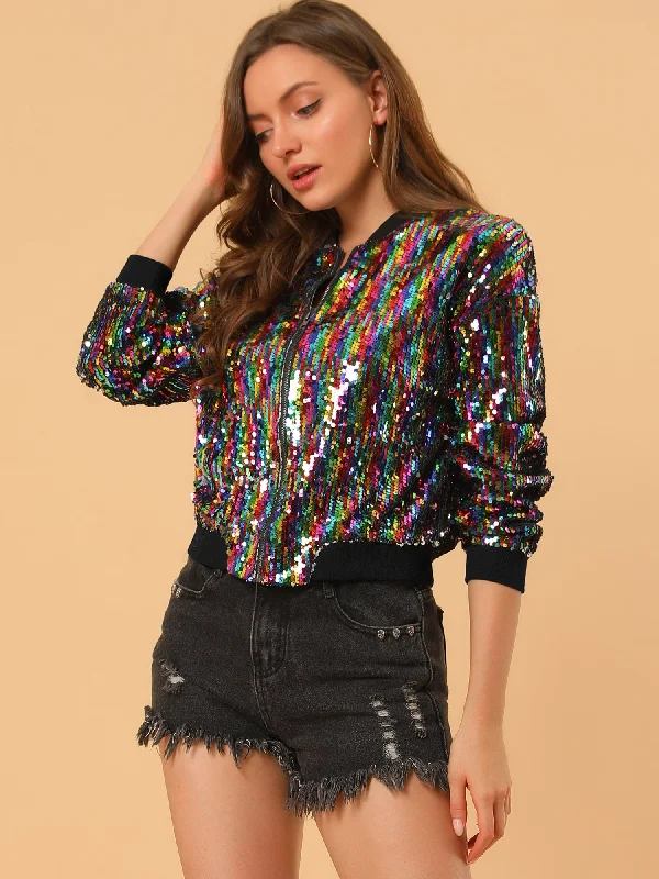 BlazersSequin Sparkle Party Long Sleeve Zipper Bomber Jacket