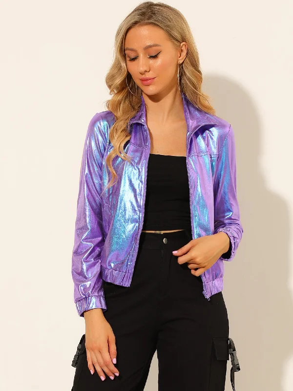 Ruffled JacketsHolographic Long Sleeve Lightweight Zipper Metallic Jacket