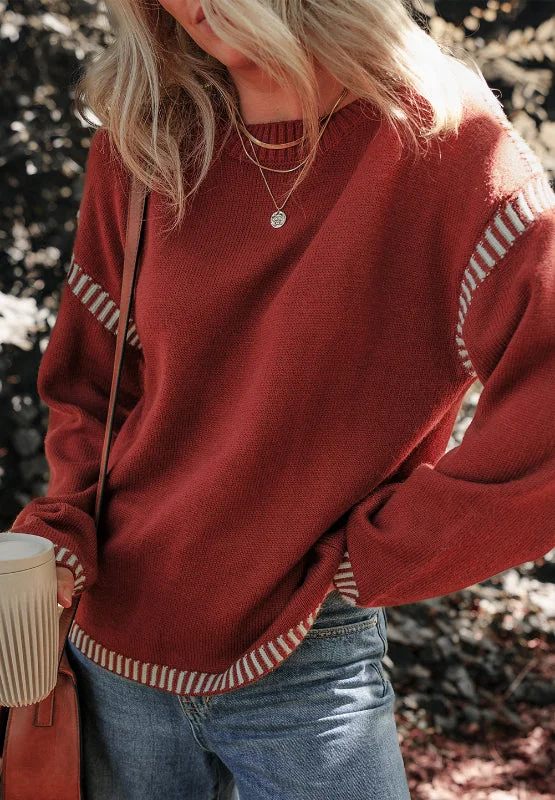 Streetwear Knit TopsStriped Detail Round Neck Dropped Shoulder Sweater