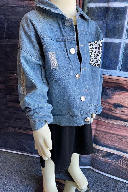 Logo JacketsDLH2550 Blue denim & leopard print washed girls jacket/coat