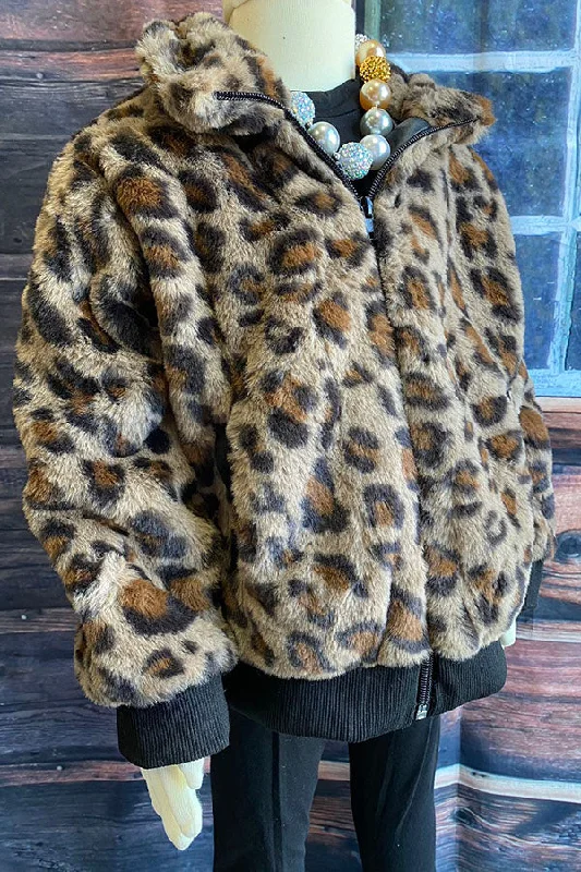 Collaborative JacketsDLH2643 Kids Leopard Print Fleece Zipper Girls Jacket/Coat w pocket