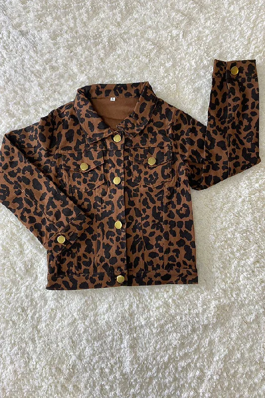 Trench CoatsDLH2583 Kids Brown leopard printed long sleeve denim jacket