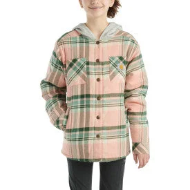 Winter JacketsYouth Girls Long Sleeve Flannel Snap Front Hooded Shirt Jacket - Peach Amber