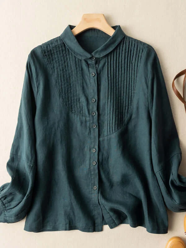 Layered Shirts100% Linen Pleated Casual Shirt Long Sleeve