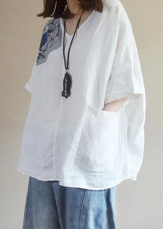 Velvet ShirtsArt White O Neck Print Pockets Patchwork Linen Shirt Tops Summer