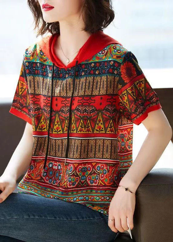 Designer ShirtsBohemian Red Hooded Print Patchwork Chiffon T Shirts Tops Summer